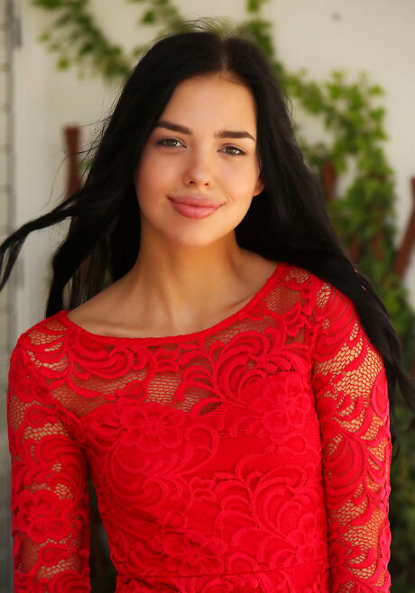 Sexy croatian dark-haired young Venice Lei exhibiting tiny tits and hairy twat outdoor