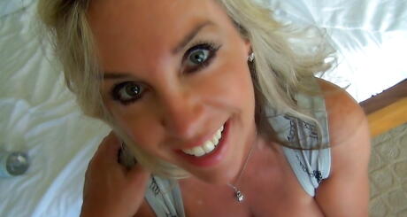 Stunning american blond wife Sandra Otterson in sexy skirt fucked in her pussy after good cock suck 